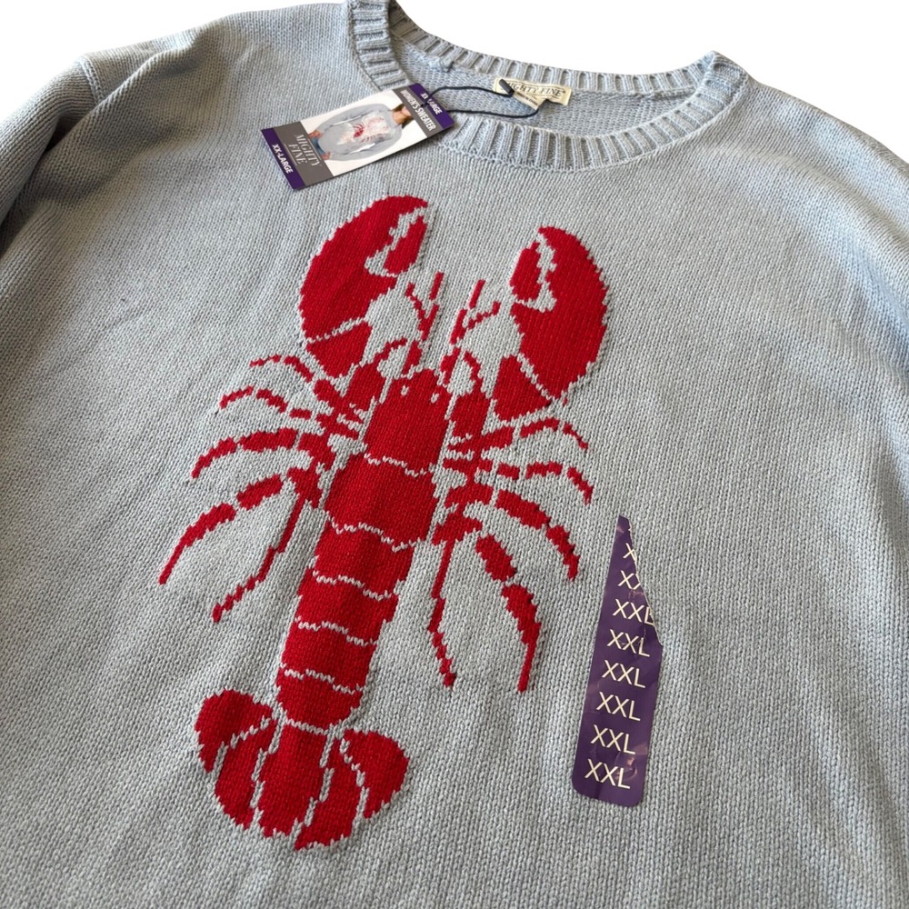 Mighty Fine Womens XXL Lobster Graphic Knit Sweater Light Blue Crew Neck NWT